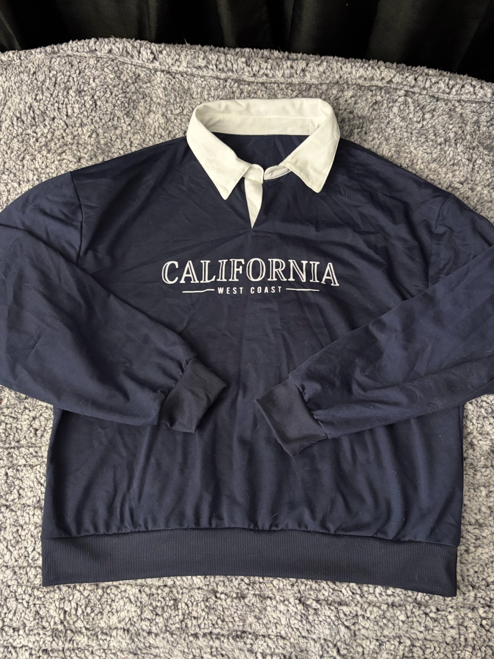 SHEIN Navy Long Sleeve Polo Collar Tee with White Collar